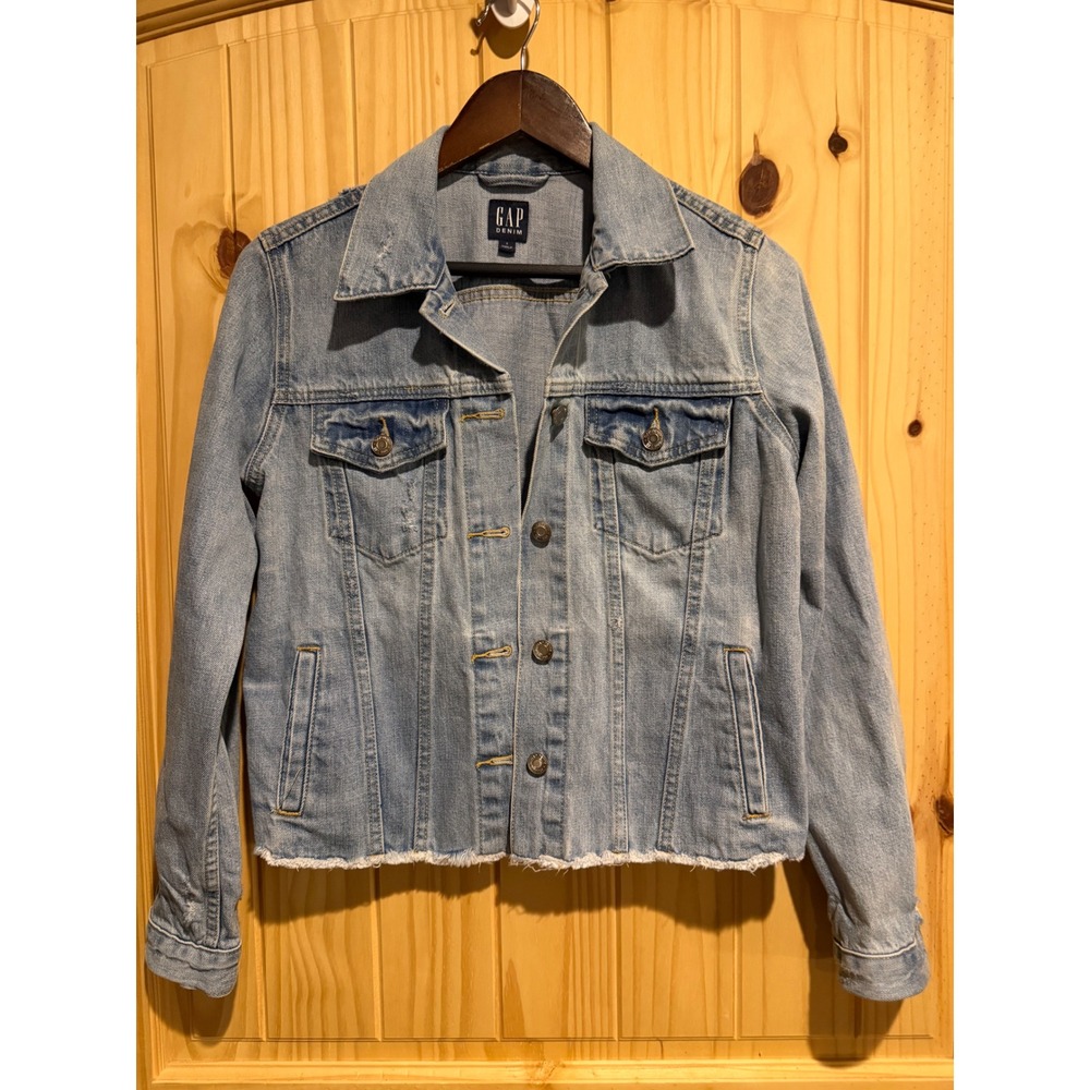 Gap Denim Light Wash Distressed Raw Hem Button Front Jean‎ Jacket Womens Small